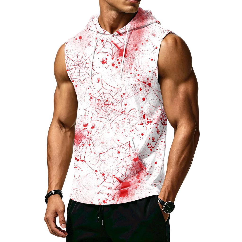 Men's Print Sleeveless Hoodie with Pockets and Drawstring - Casual Tank Top Vest for Outdoor Sports