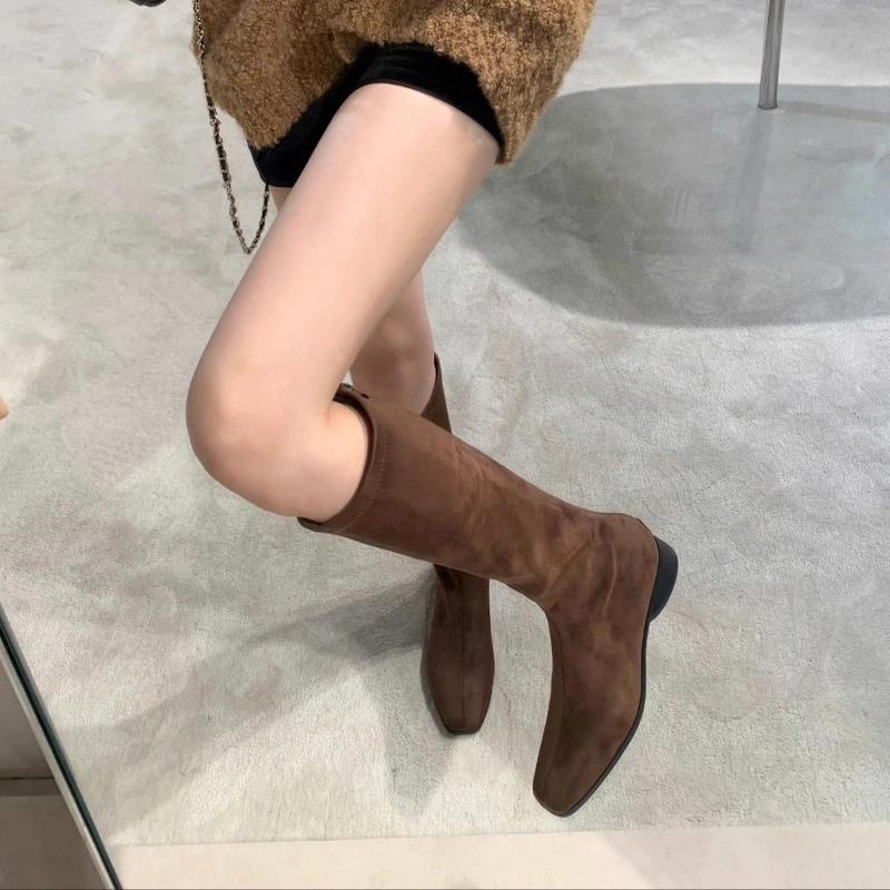 Retro Square-toed Boots for Women To Look Slimmer, Chunk-heeled Boots, High Boots, Long Boots, Women's Shoes