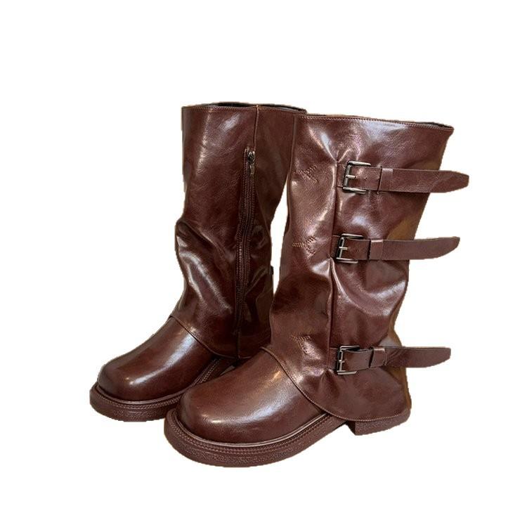 Grape mother has the same height increased by 6CM~ fashionable belt buckle square round head pleated medium tube knight boots new autumn and winter 