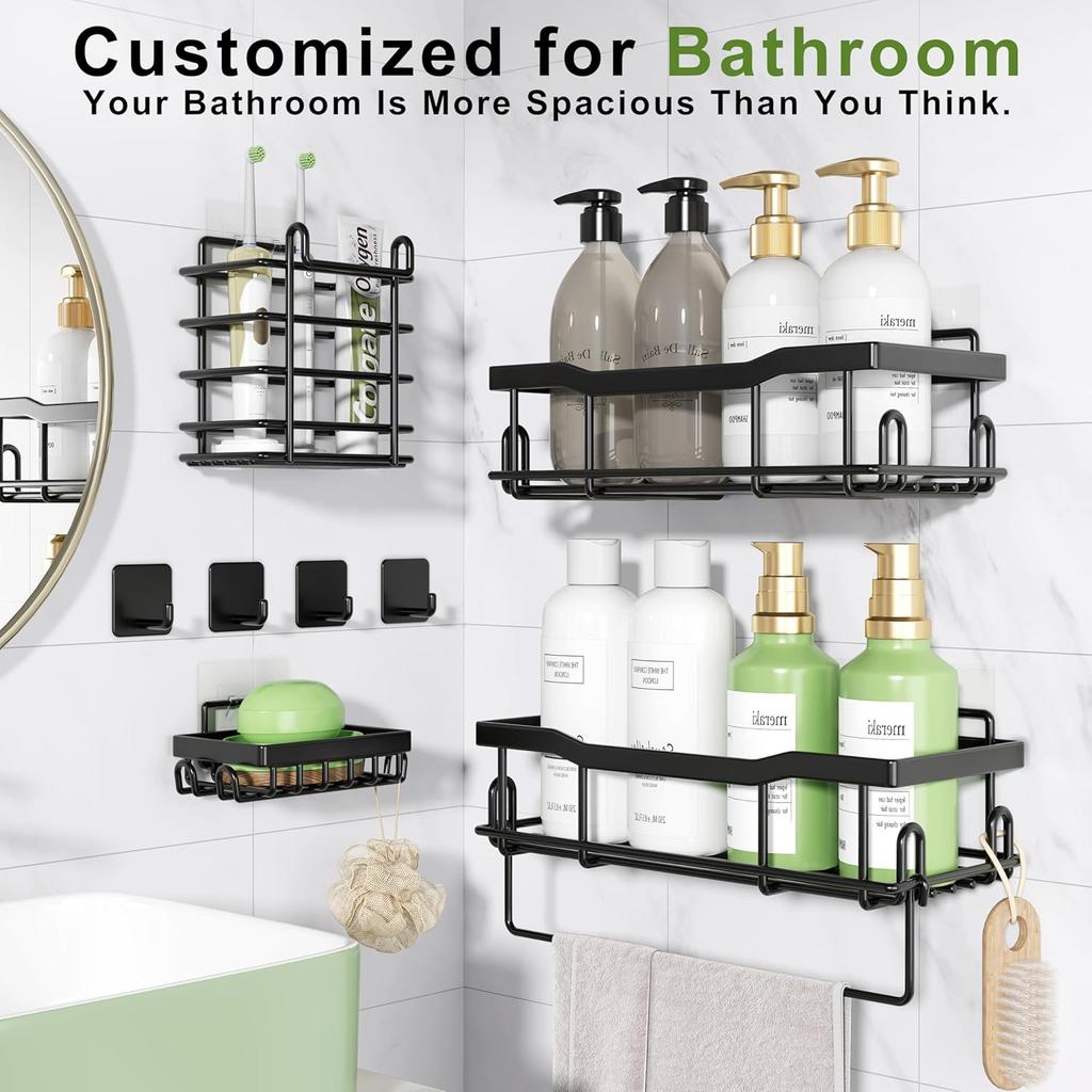 Shower Caddy, Adhesive Shower Organizers Large Capacity Stainless Steel, Drill-Free Shower Shelves for Inside Shower with Hooks SC01-2