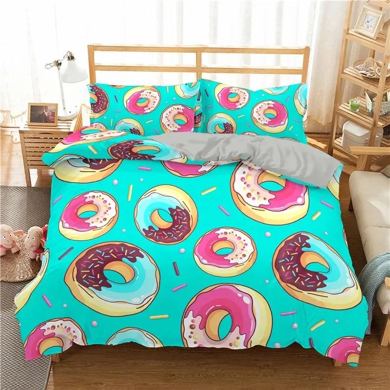 Colorful Donut Cartoon Sweet Chocolate Dessert Comfortable Duvet Quilt Cover Pillowcase Bedding Set Children Bedroom Decoration