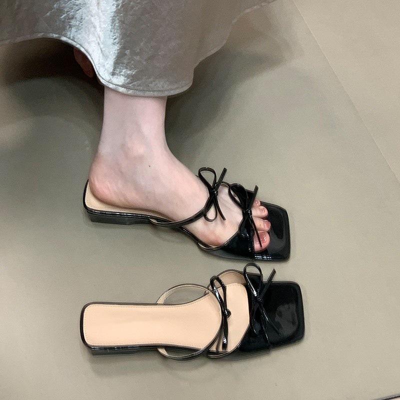 Temperament Square Head Thick Heel Sandals 2025 Summer Double Bow Fairy Style with Skirt Slippers