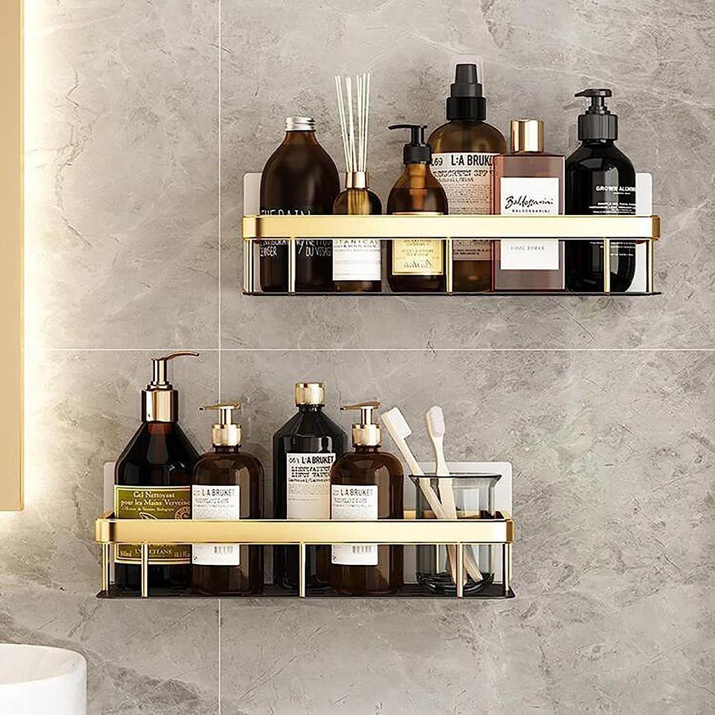 2 Pcs Aluminium Heavy Duty Self Adhesive Bathroom Shelf for Wall, Multipurpose Wall Mounted Bathroom Organiser, Washroom Organizer (Gold)