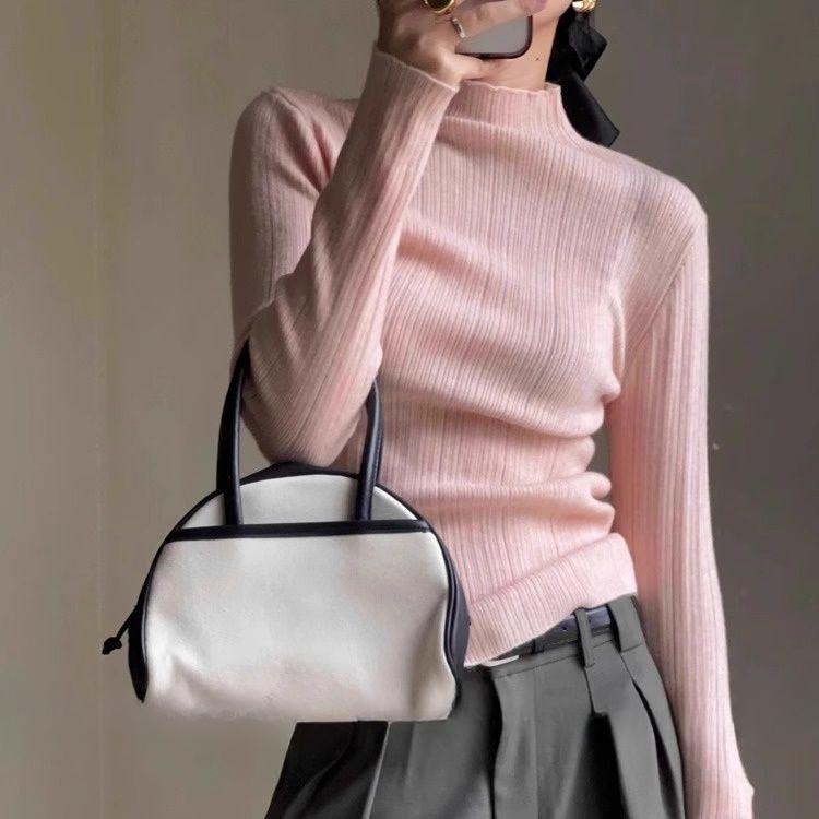 

Женский синий трикотажный базовый слой с высоким воротом Осень Зима Высококачественный облегающий свитер-топ S розовый