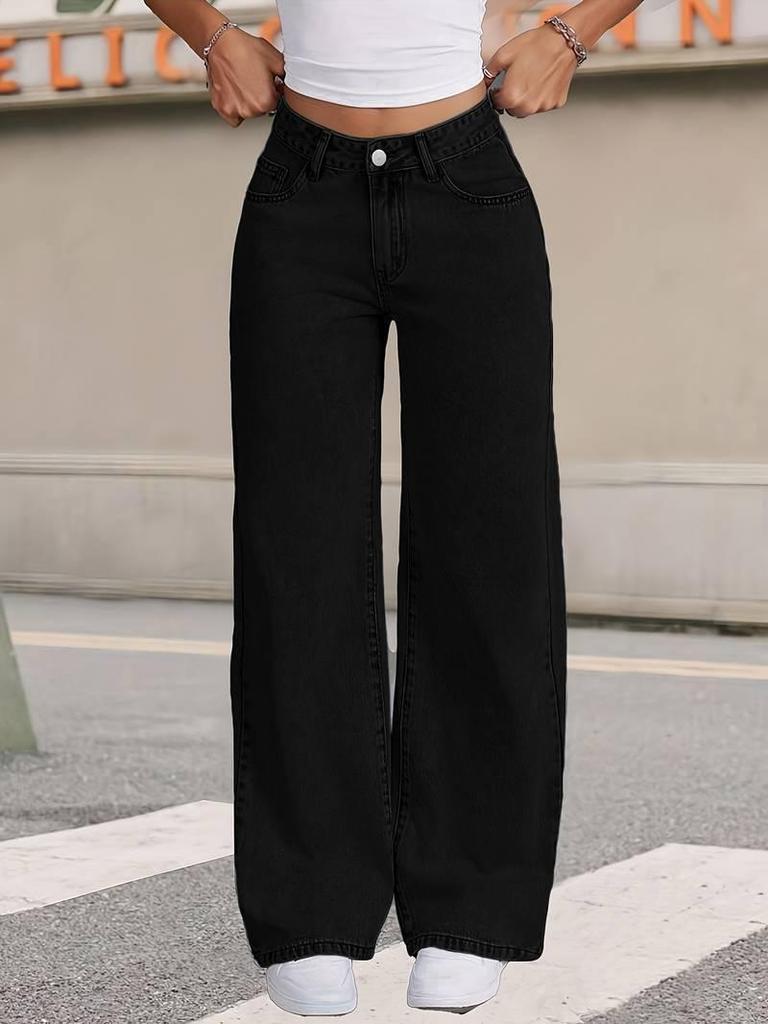 Black High-Waisted Loose Wide-Leg Floor-Length Trousers for Women