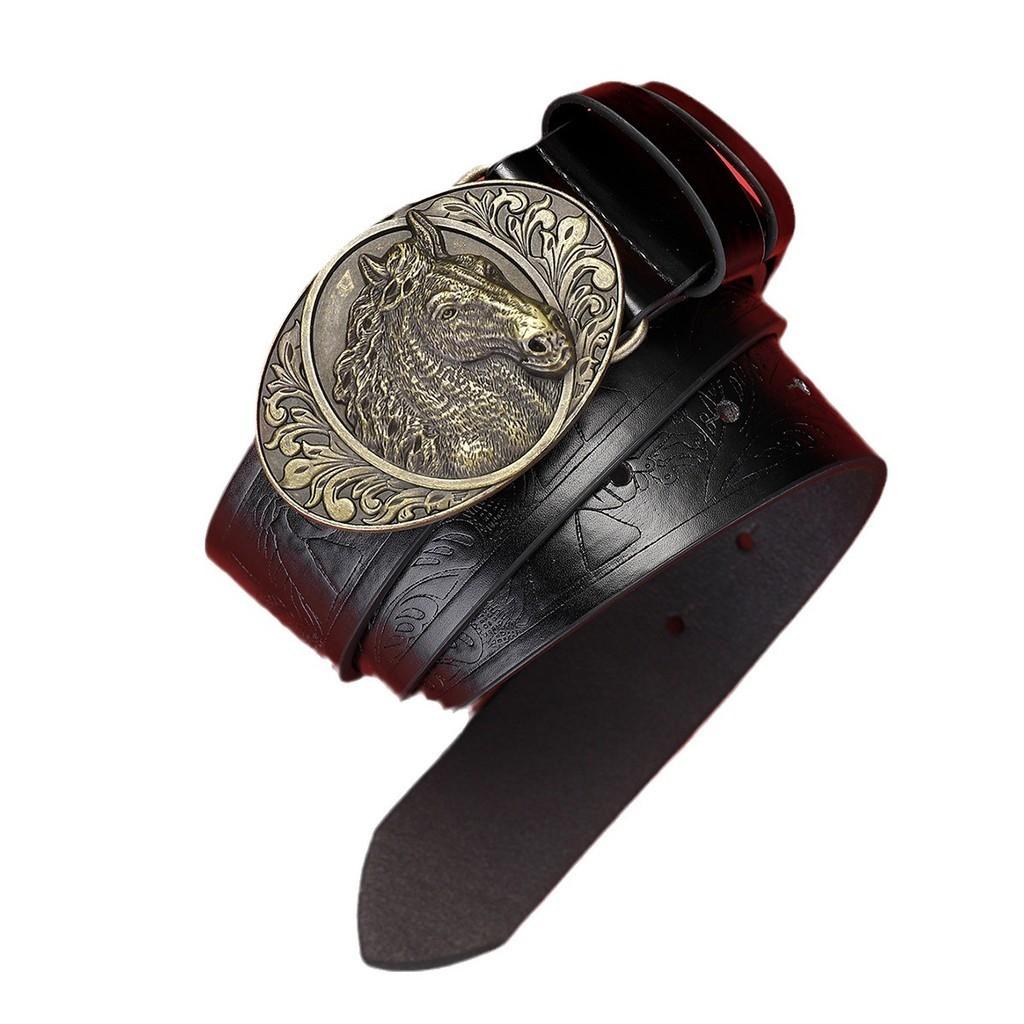 Men's Horse Head Belt Twelve Zodiac Trendy Fashion New Casual Versatile Men's Belt Automatic Buckle Waist Seal Pu Leather Alloy Buckle
