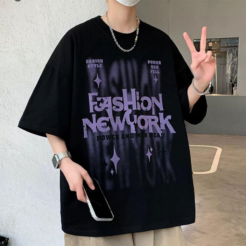 American Young Style Letter T-shirts Men's Clothing Vintage Fashion Printed Summer Round Neck Loose Basic Half Sleeve Pullovers