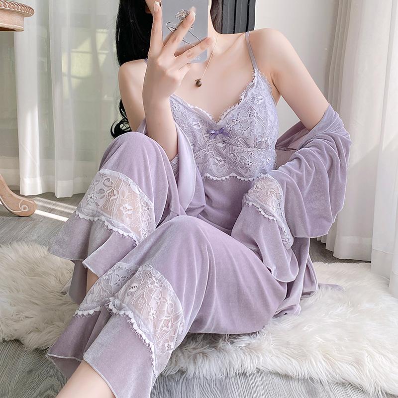 Autumn Winter Velvet 3PCS Pajamas Set Sleepwear Sexy Lace Bathrobe Trouser Suits Loose Casual Velour Home Clothing Loungewear