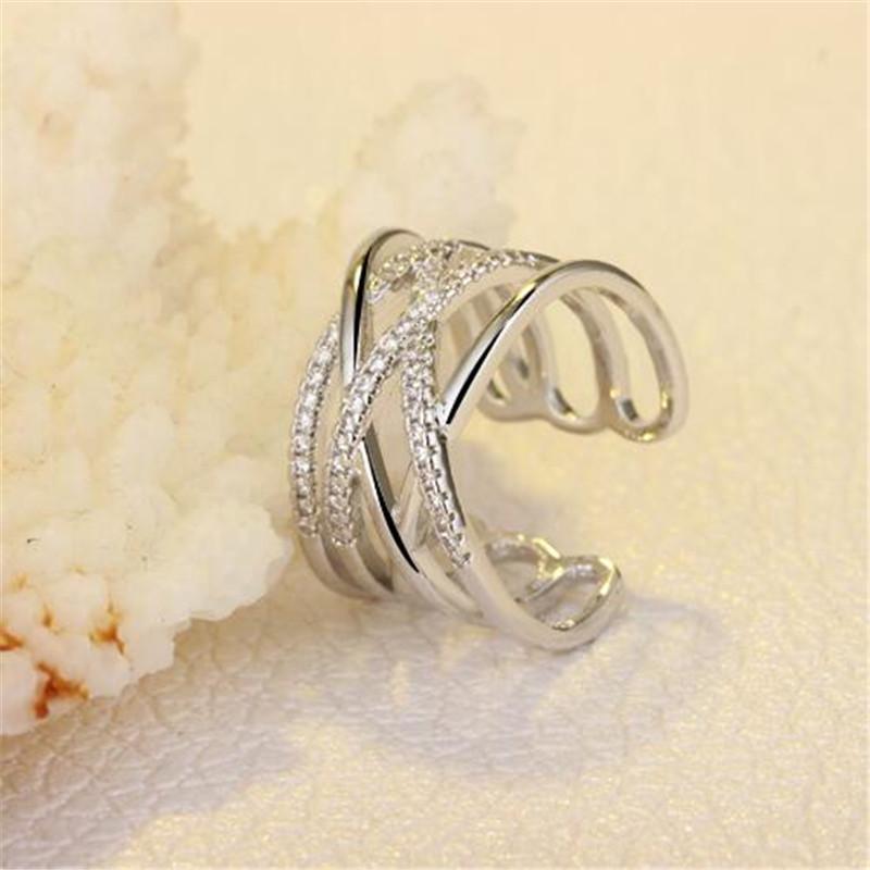 Korean 925 Silver Opening Rings Multi-layer Line Cross Mosaic Zirconia Rings For Women Jewelry S-r243
