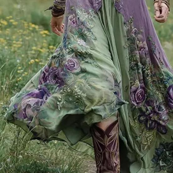 Damen Blumenmuster Maxikleid Kurzarm V-Ausschnitt Schwingkleid Boho Fließendes A-Linien-Kleid Lässiges Abschlussball-Party-Hochzeitsgast-Kleid