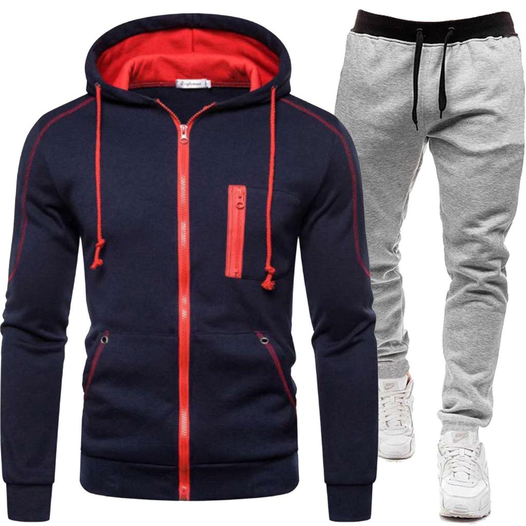 2026 Men's Casual Zipper Hoodie & Sweatpants Set - Solid Color