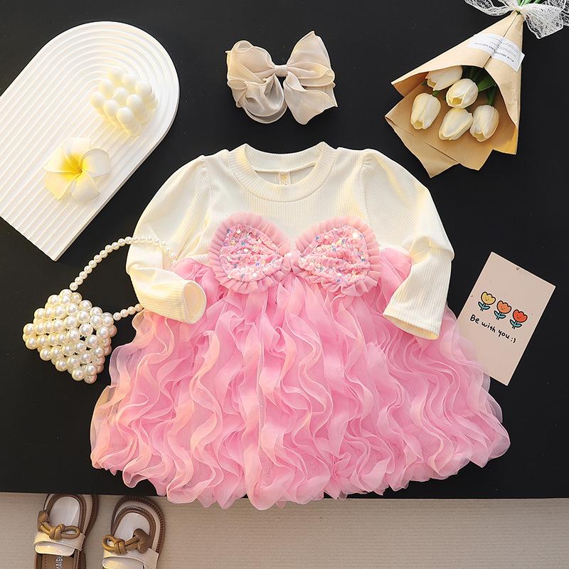 Girls Faux Two Piece Long Sleeve Dress Spring Autumn Summer Versatile Princess Skirt For Little Kids Sweet 80cm