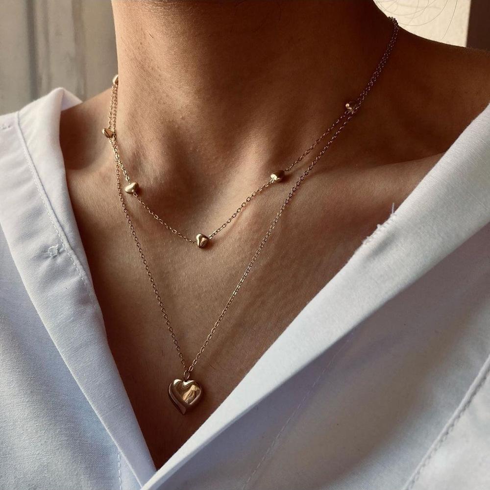

Korean Sweet Temperament Double-Deck Gold Color Love Pendant Necklace Ladies Birthday Wedding Jewelry Accessory Gift