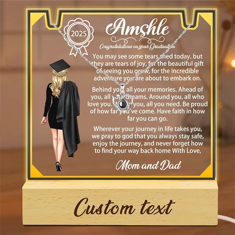 Personalized Graduation Lamp Custom Photo Name Projection Necklace Funny Graduation Gift for Daughter Son Students Graduates Classmates High School