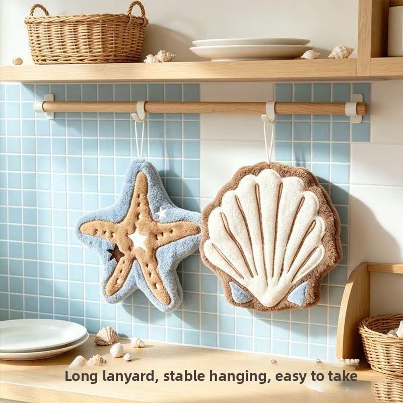 Creative starfish shell hand towel for hanging, household use, coral fleece thick and absorbent kitchen cloth hand towel