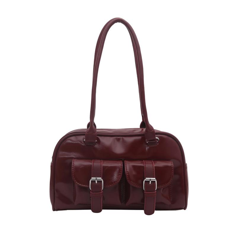 Fashion Women Patent Leather Tote Shoulder Bag Retro Style Satchel Purse with Buckle Pockets for Casual Daily Commute Streetwear