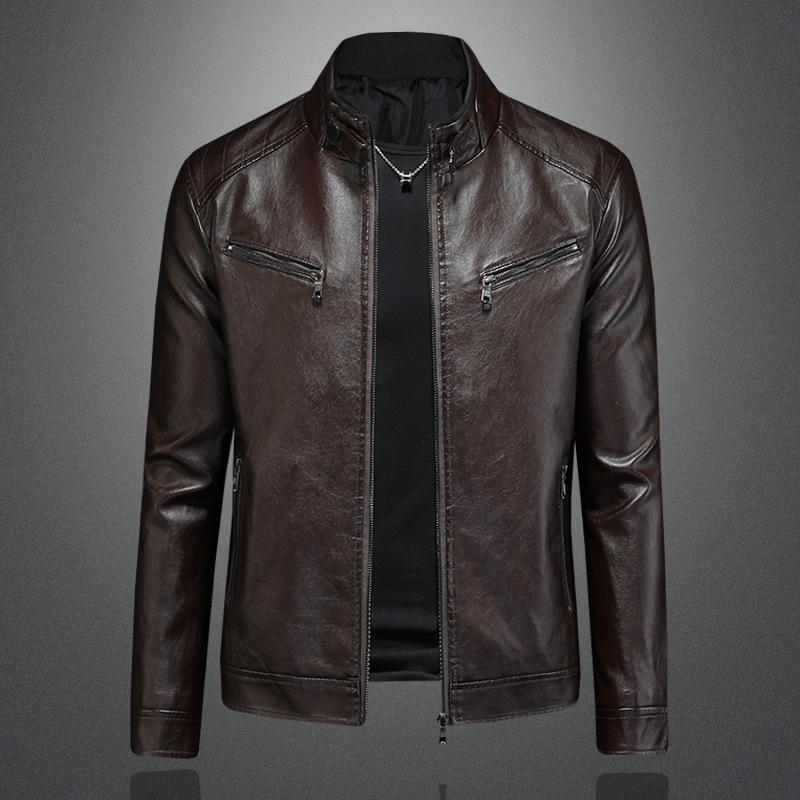 New Style Mens Stand Collar Leather Jacket For And Plus Size Trendy Casual Motorcycle Slim-fit Leather Jacket Set 5609