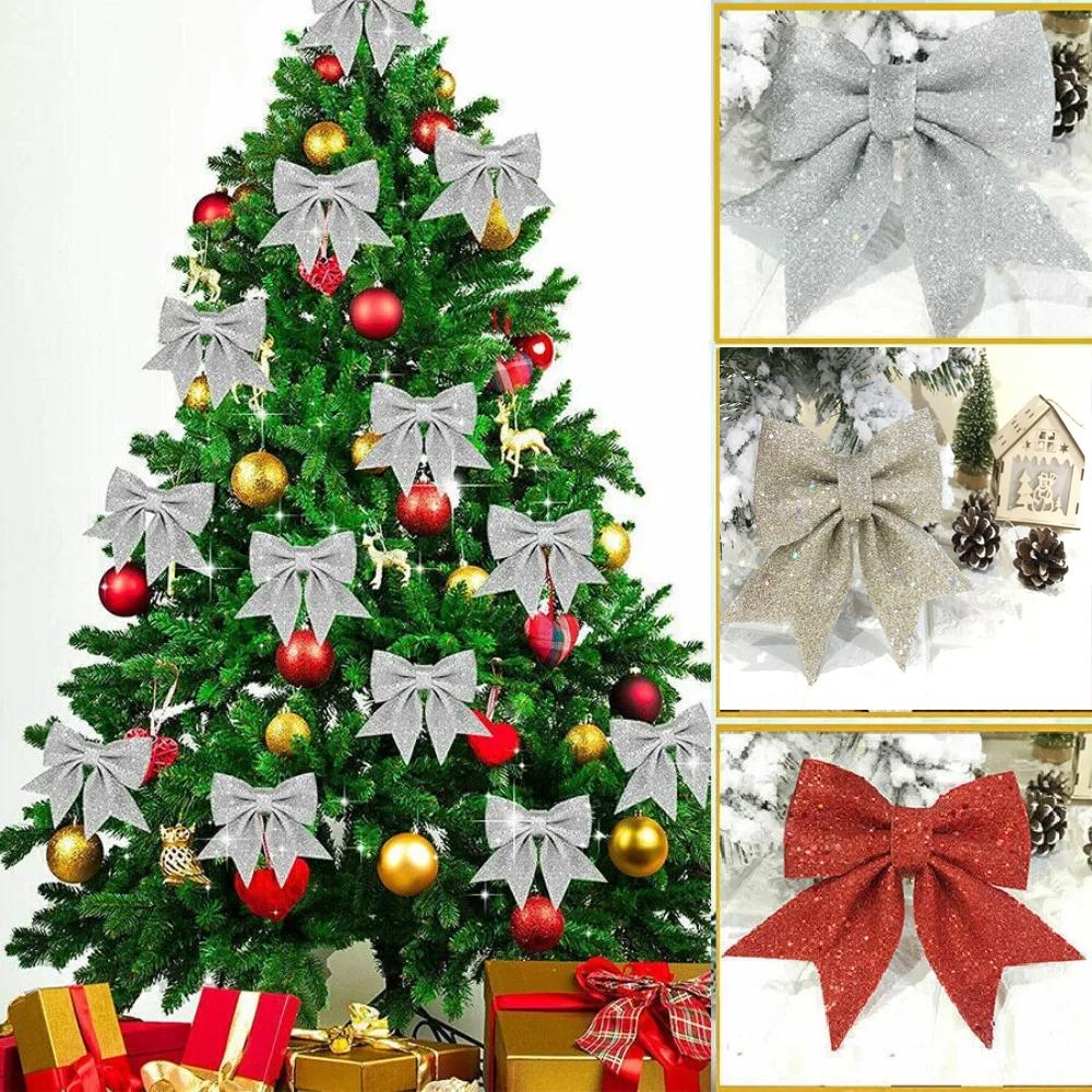 6Pcs Christmas Bows Hanging Decorations Gold Silver Bowknot Christmas Tree Pendant Bowknot Ornaments New Year Xmas Party Decor