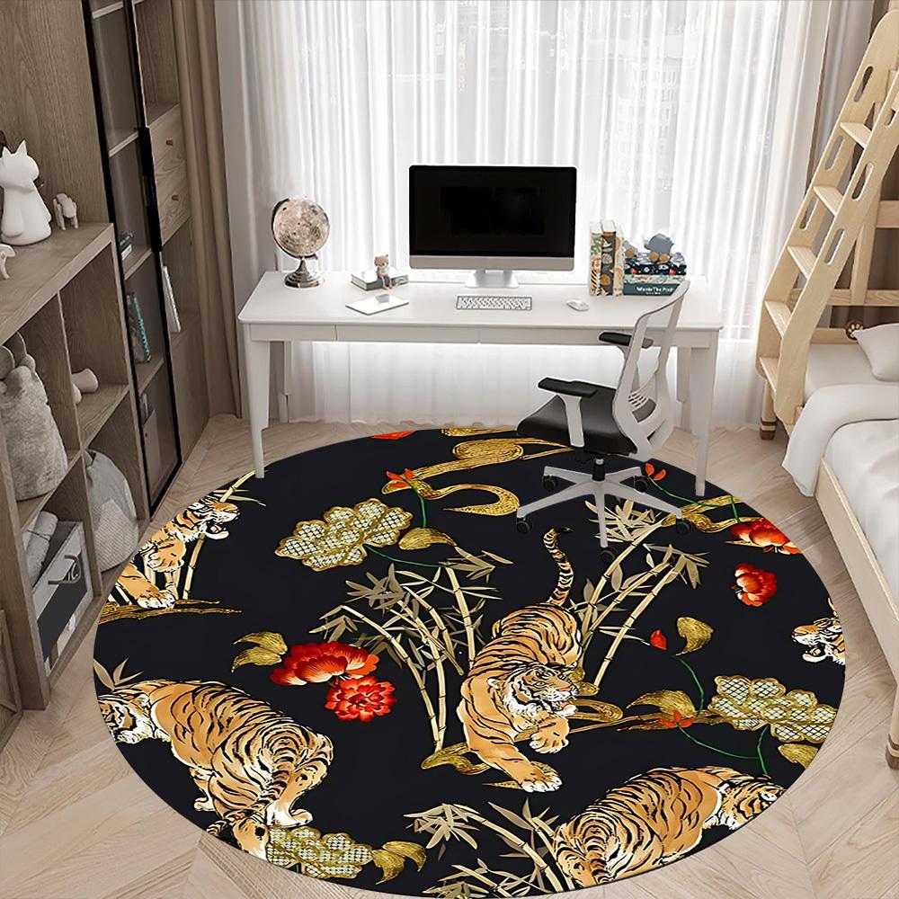 1pc Tiger Floral Pattern Office Round Rug, Non-slip, Soft and Durable Office Rug for Interior Decoration, Perfect for Office, Beautiful Decoration yy2