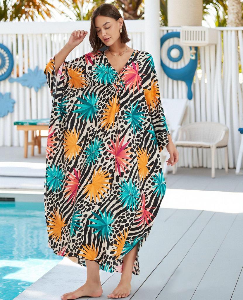 Evropské a americké viskózové potiskové plážové zakrývací šaty - Dlouhé, volné kimono k bikinám a plavkám pro ženy