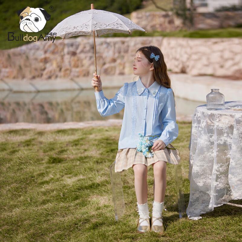 Chanzuigou Girls' 2026 Spring Baby Blue Knitted Flower Cotton Shirt