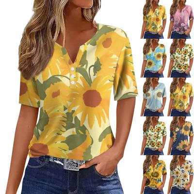 T-shirt femme imprimé bouton manches courtes quotidien week-end mode basique col en V haut régulier