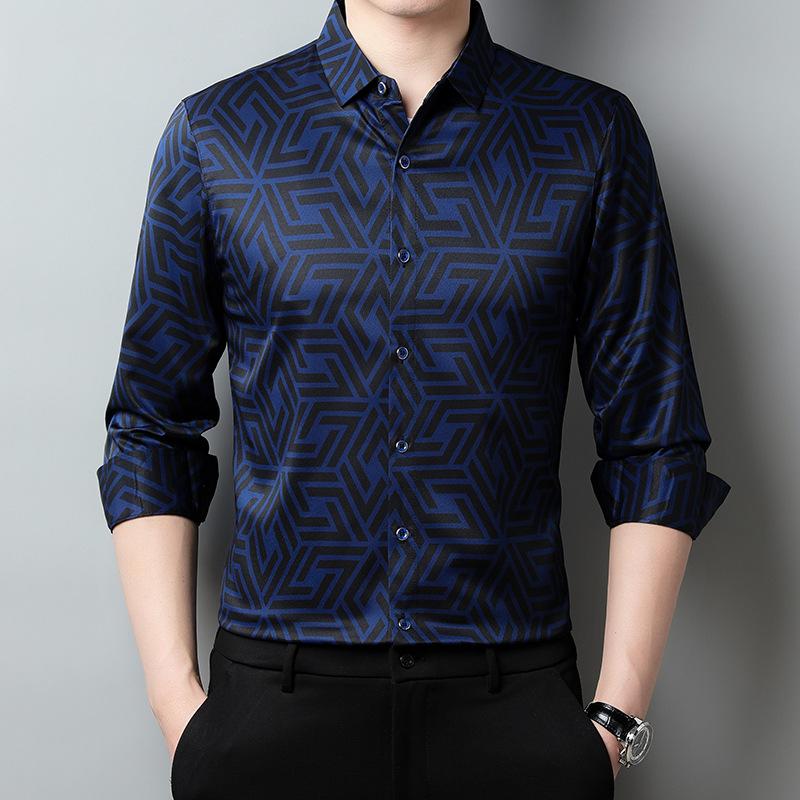 Men's Shirt Plaid Long-sleeved Business Casual Spring and Autumn Lapel Contrast Fashion Casual Top