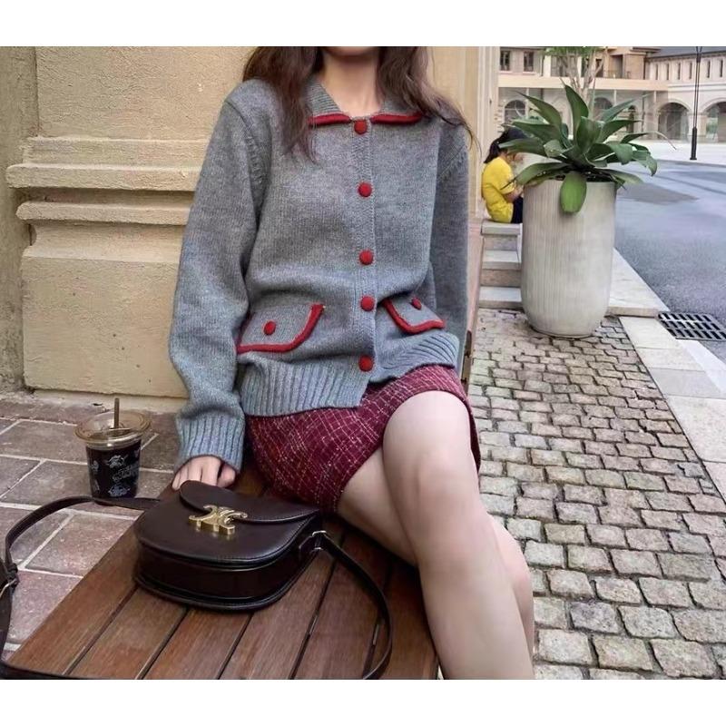 

Autumn new lapel contrasting color design sweater women s gentle wind loose soft waxy fashion versatile knitted cardigan top average size серый