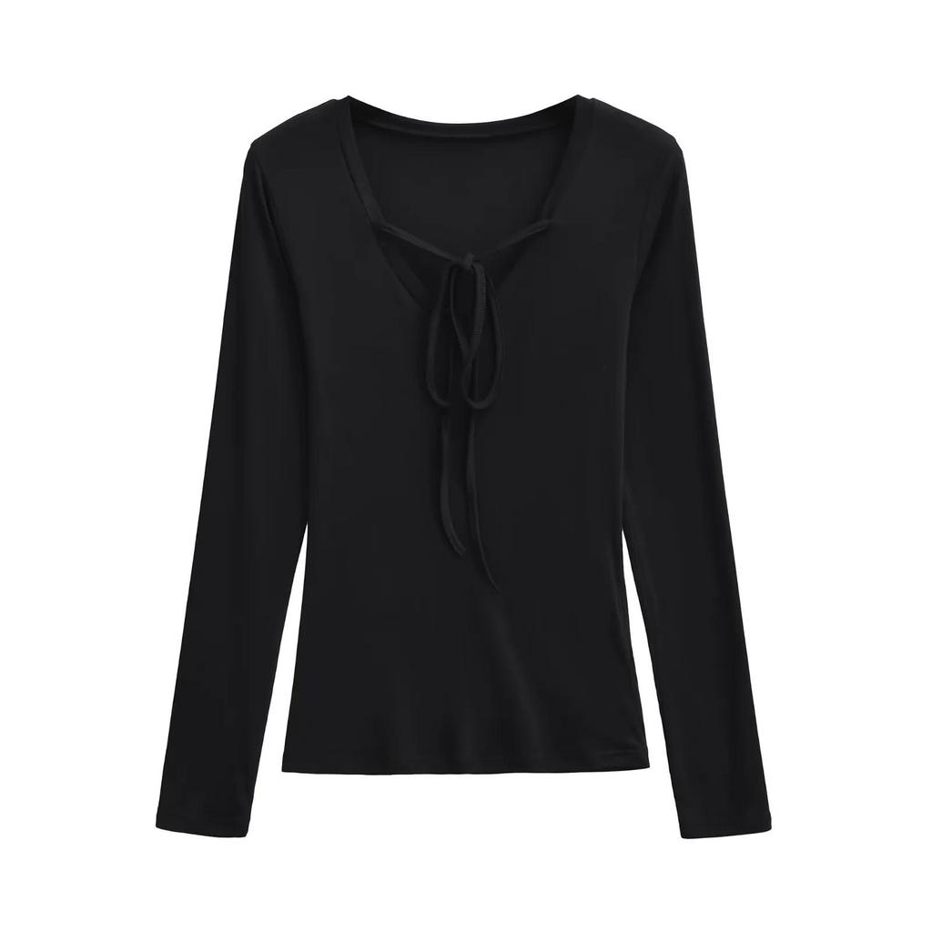 Women's Deep V-Neck Lace-Up Long Sleeve Slim Fit Autumn Top