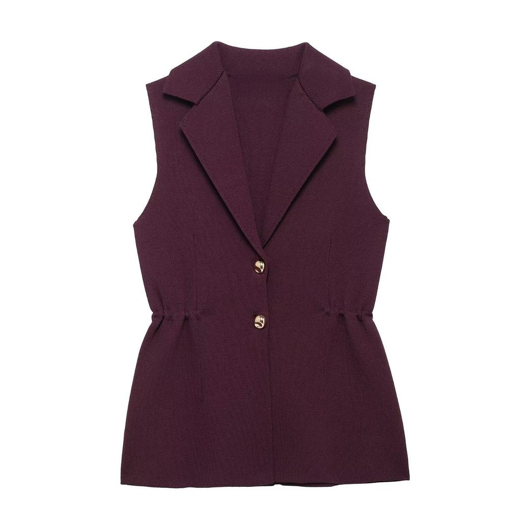 2025 Spring/Summer European & American Style Women's Two-Button Ruched Waist Knitted Vest