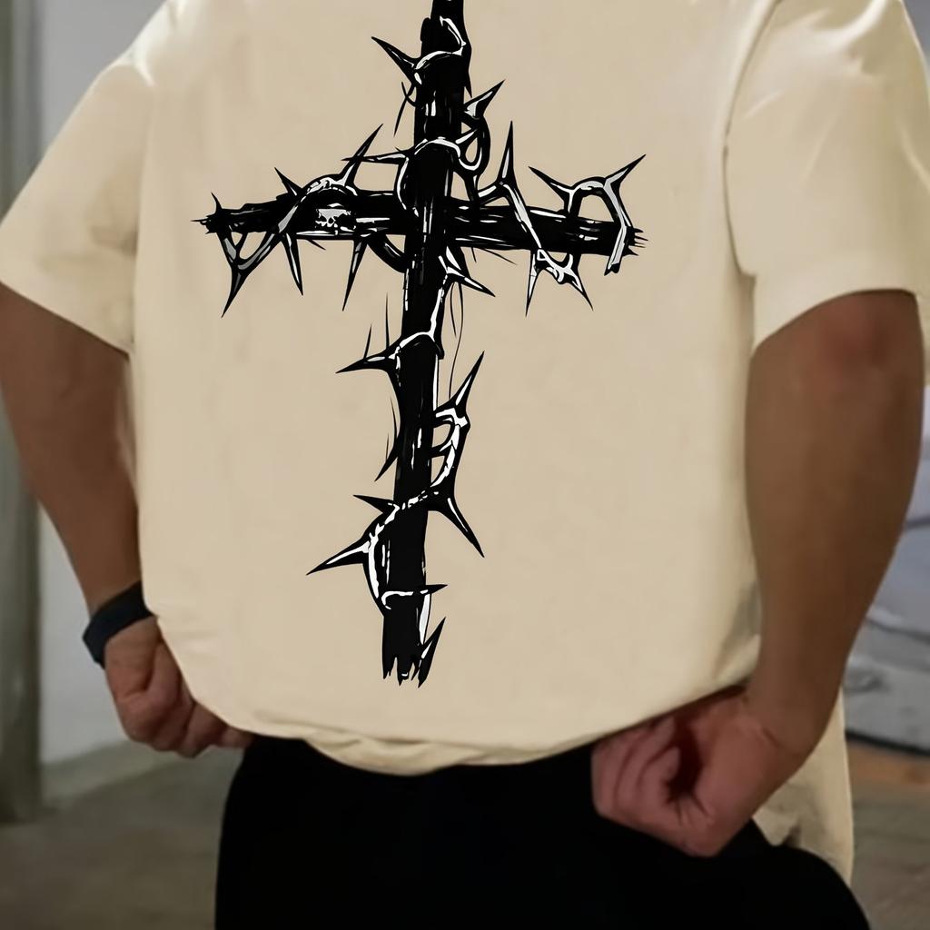 Summer men's 100% cotton comfortable casual wide plus size creative cross pattern printed round neck short sleeved T-shirt top