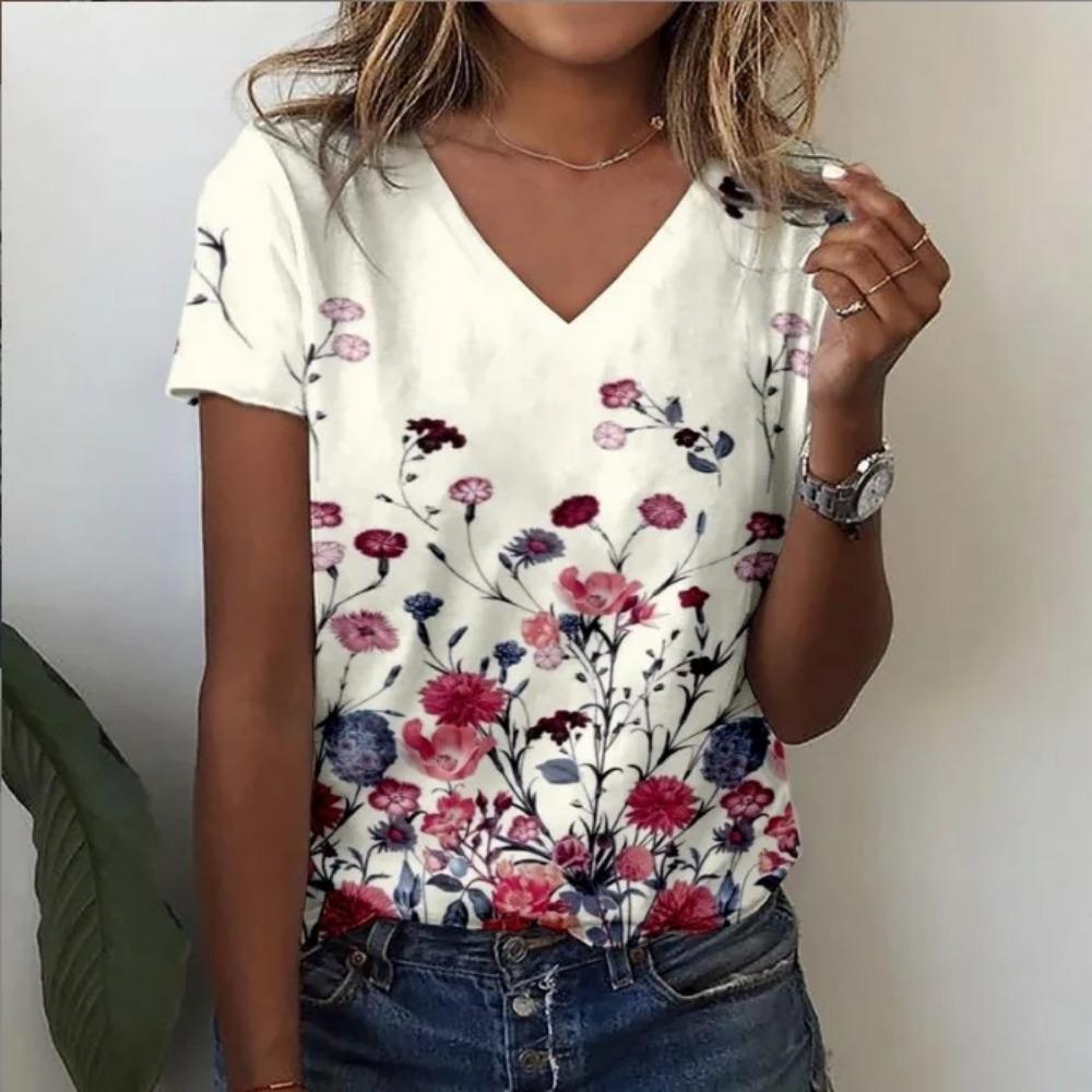 Summer New Style Floral 3D Print Casual V-Neck Women Short Sleeve Comfortable Polyester Fiber Fashion
