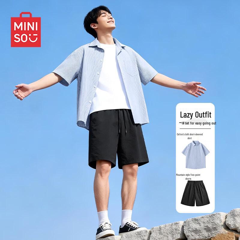 MINISO Men s Striped Short Sleeve Shirt & Shorts Set M
