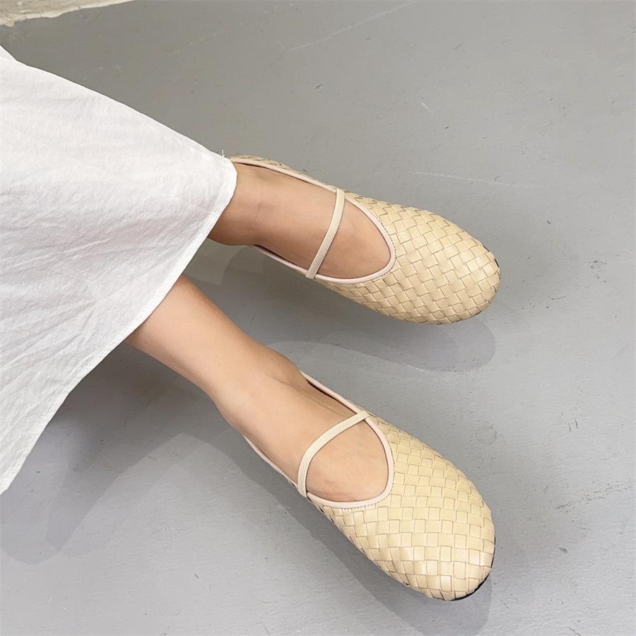 Johnature Retro-Schuhe aus handgefertigtem Echtleder mit Webmuster, flache, runde Zehenpartie, weiche Sohle, Damen-Schlupfschuhe