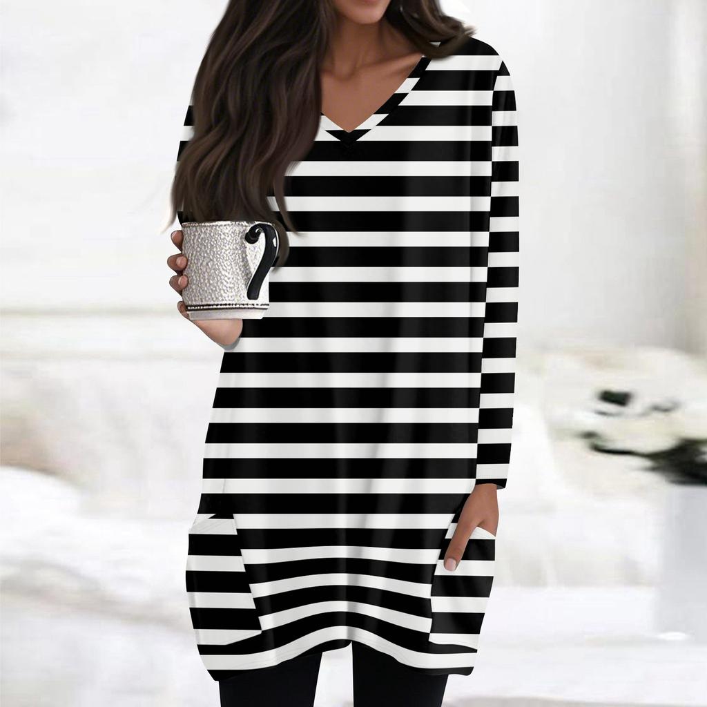 Womens Tops V-neck Long Sleeve Blouses Casual Mid-length Shirts Fashion Print Tunic Tops With Pockets