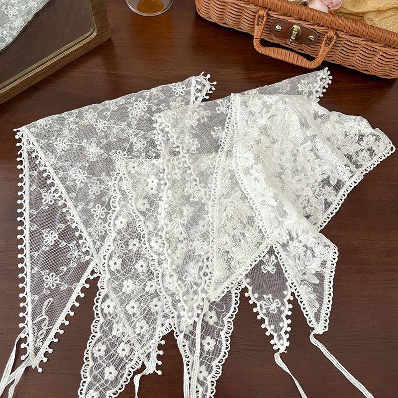 Retro Floral Lace Embroidered Triangle Headscarf Fashion Bandanas Neck Scarf White Woven Floral Hair Scarf Headband Neck Scarf