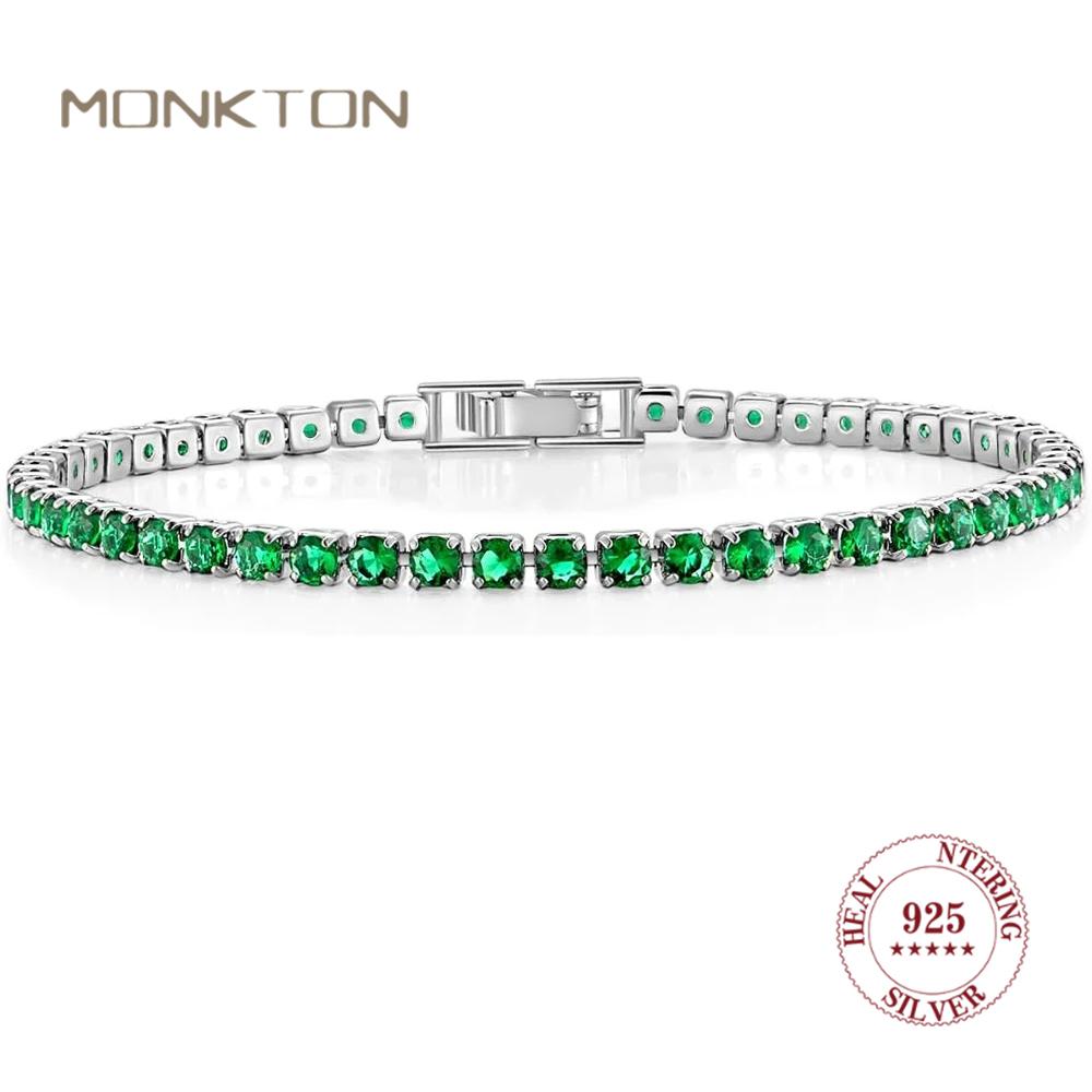 

Monkton 3mm Green Cubic Zirconia Classic Tennis Bracelet for Women 6.5-7.5 Inch Silver Round Charm Bracelets for Jewelry Gift 17CM зелёный