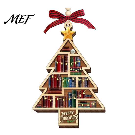 Plaid Bow Xmas Ornament Christmas Wooden Hollowed Pendant, Cross/Christmas Tree Hanging Ornament, Decorative Book Decoration Decor Craft for