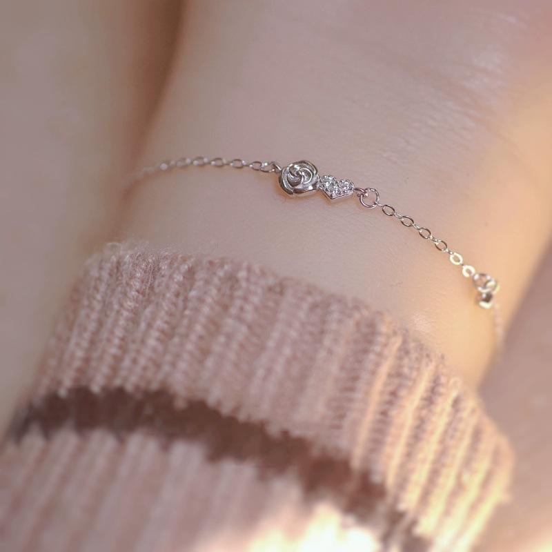 S925 Loving Heart In Sterling Silver Rose Bracelet Female Niche Japanese and Korean Exquisite and Versatile Diamond-Embedded Slim Bracelet