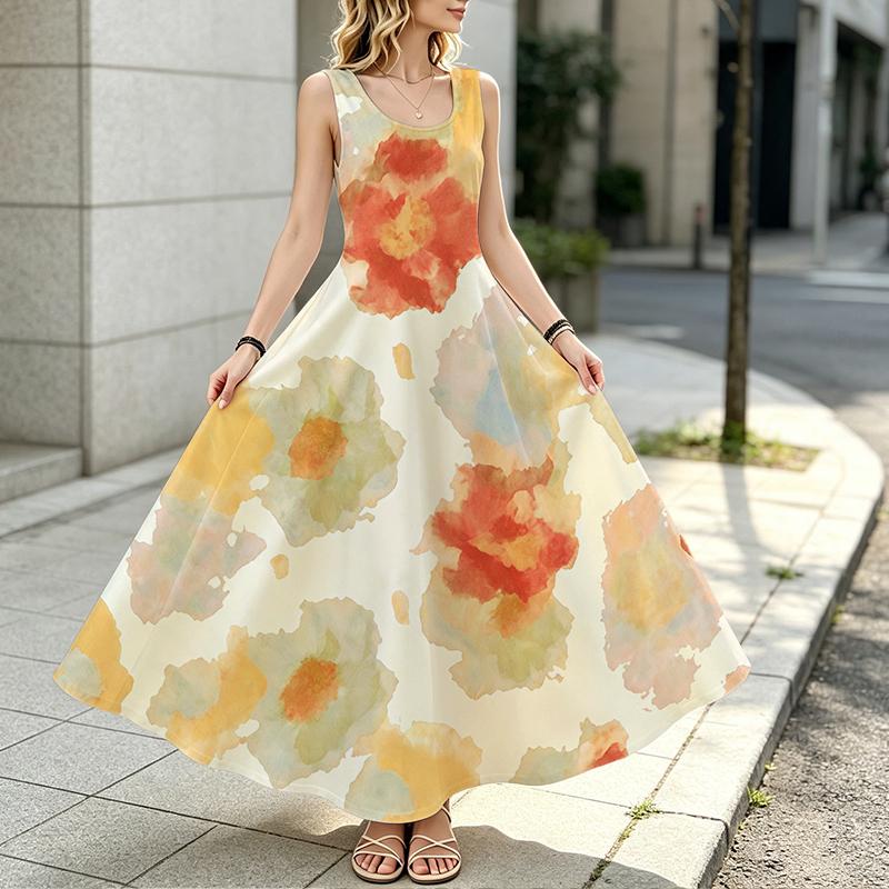 Women's Sleeveless Maxi Dress,Fresh Watercolor Style,Lightweight Flowy Skirt,Casual Daily Outdoor Walking,Fashion Versatile