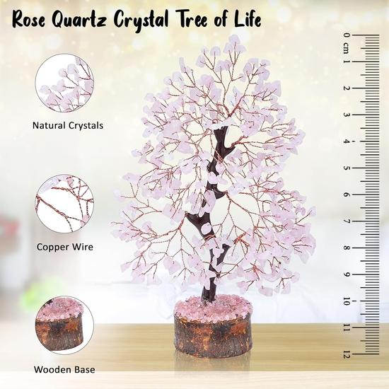 Crocon Rose Quartz Gemstone Tree Feng Shui Figurine Money Bonsai Good Luck Chakra Balancing Gift Size 10-12