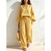 Women Linen‑Look 2‑Piece Outfit V‑Neck 3/4 Sleeve Loose Blouse Drawstring Waist Wide‑Leg Long Pants Casual Set 