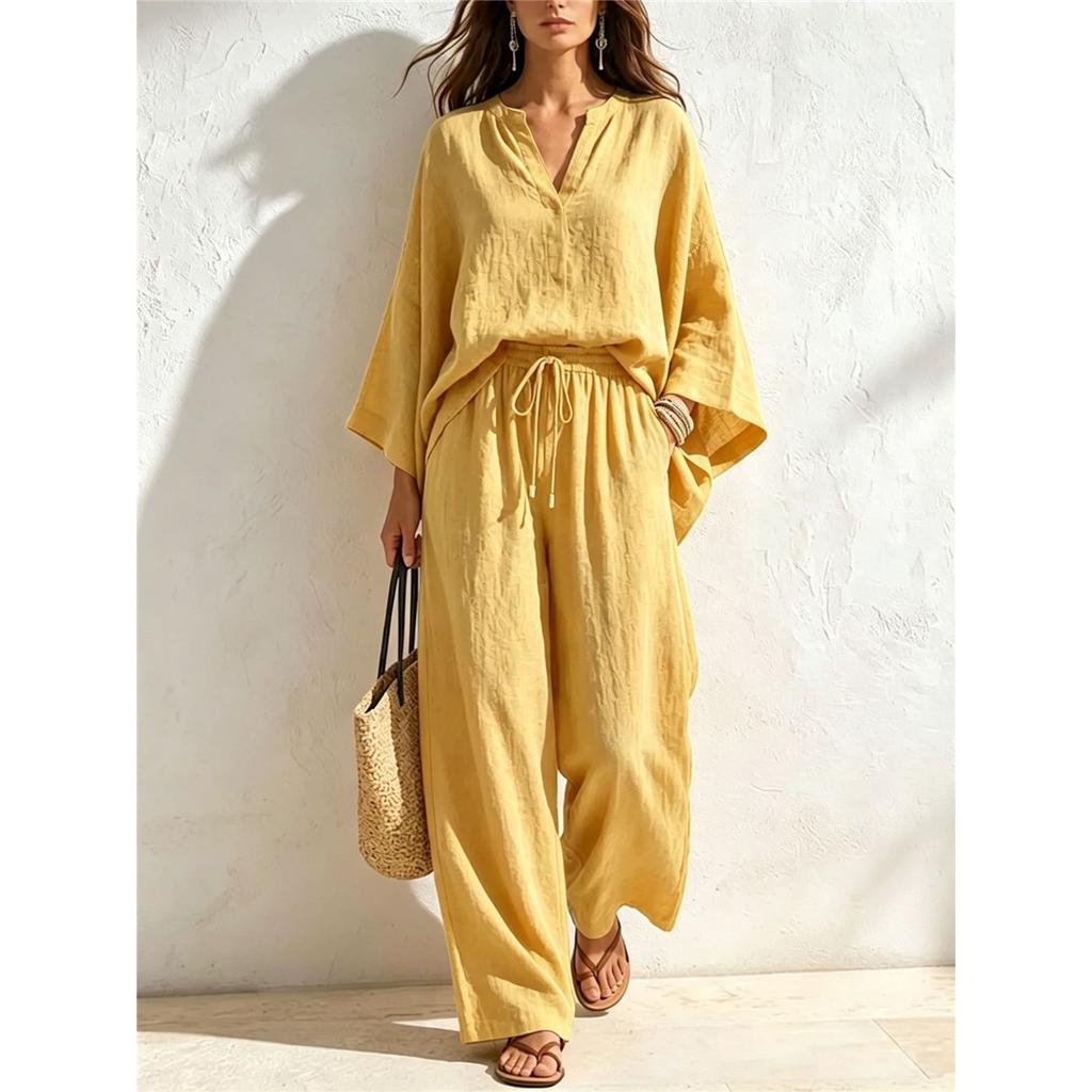 Women Linen‑Look 2‑Piece Outfit V‑Neck 3/4 Sleeve Loose Blouse Drawstring Waist Wide‑Leg Long Pants Casual Set 