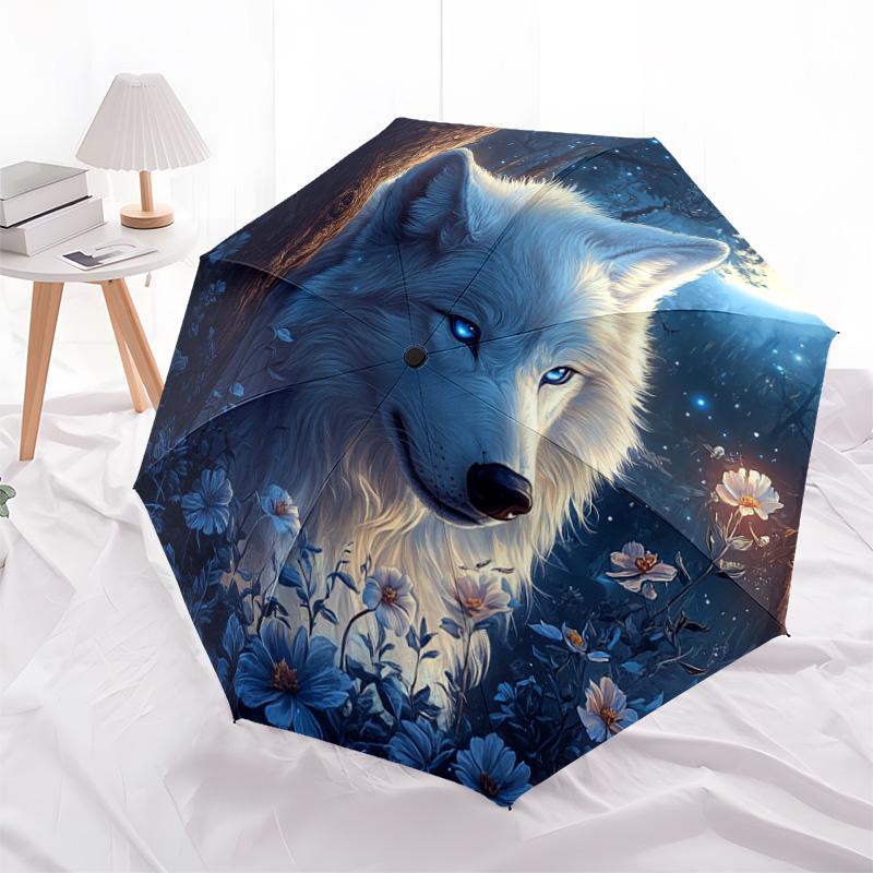 1 PC Automatic Folding Umbrella - Wolf In Moonlit Pattern, Portable & Foldable Design with 8 Ribs, Christmas Birthday Gifts