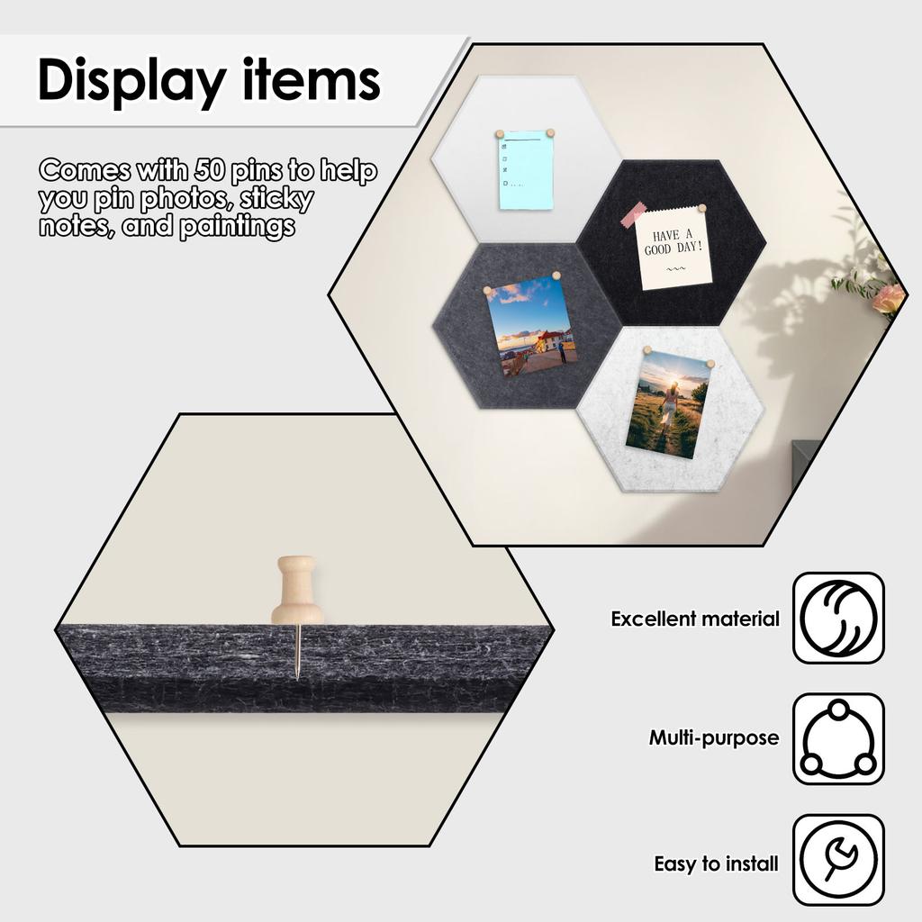 16 Pcs Hexagon Felt Bulletin Board with 50 Push Pins Decorative Hexagon Felt Pin Board for Photos Memos Home and Office Decor