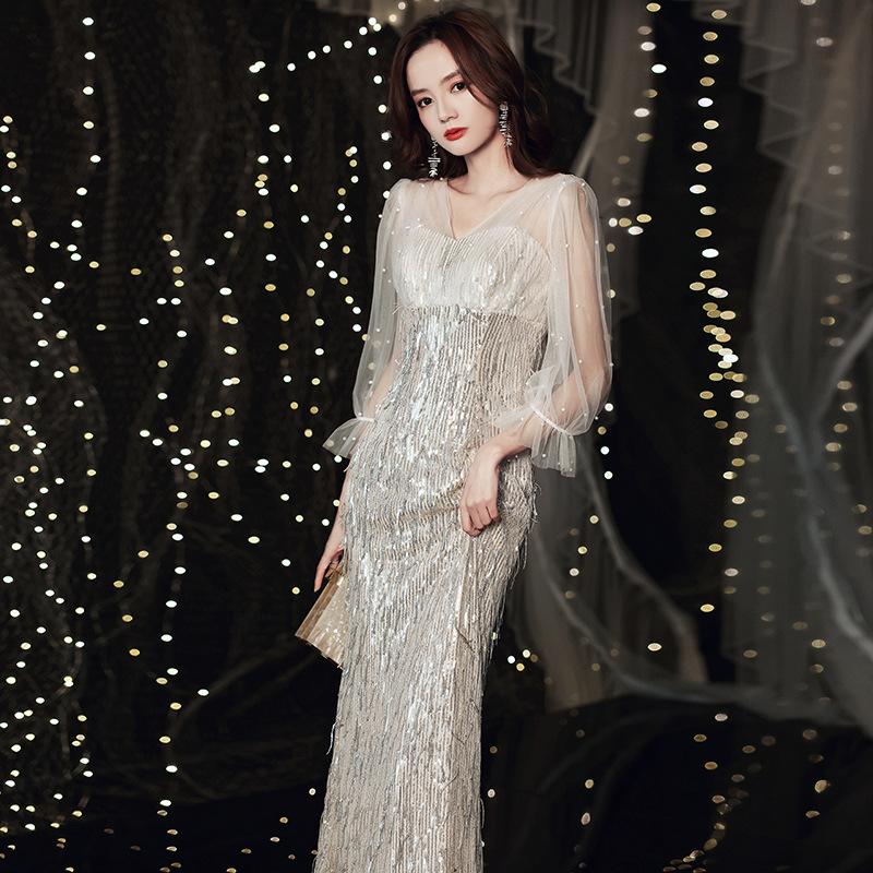 Golden Evening Dress Dress Women's 1011 New Banquet Temperament Long Birthday Sequins Student Host Dress