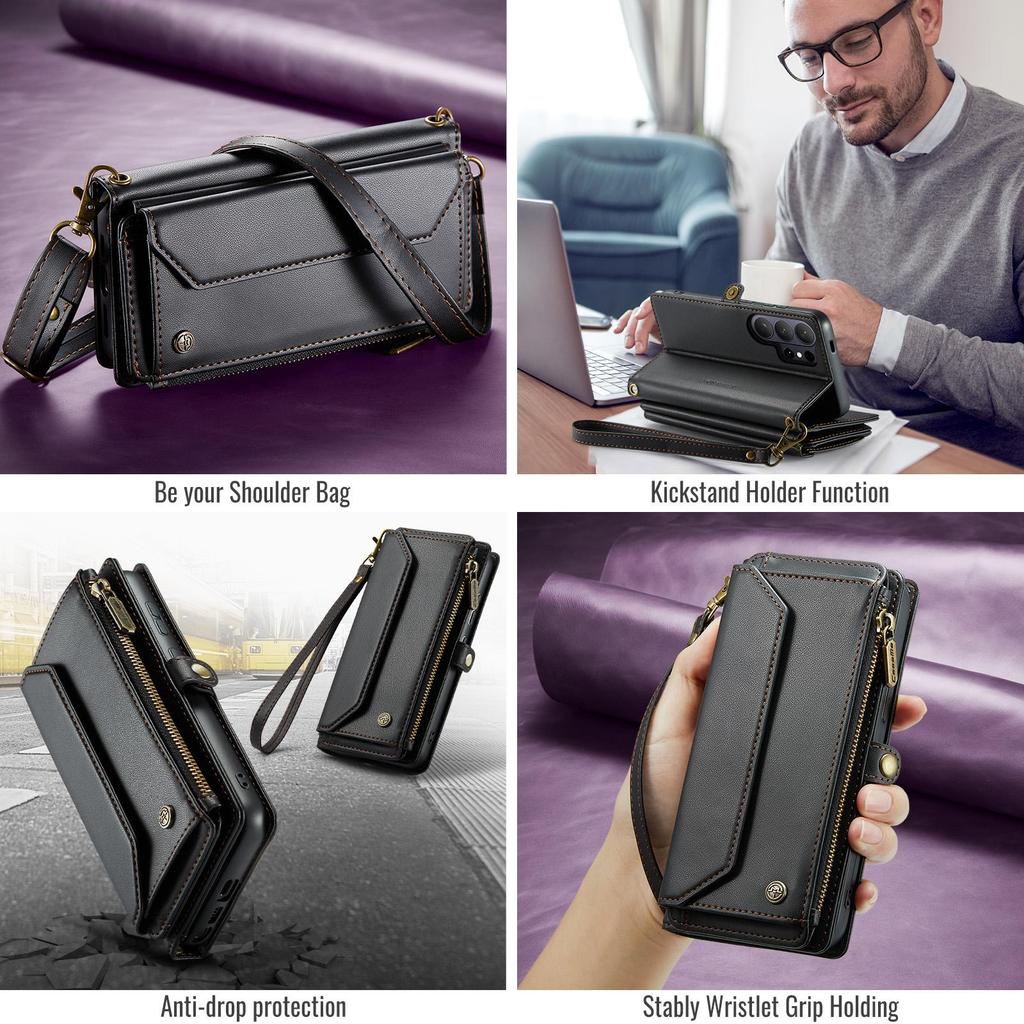 CaseMe Crossbody Wallet Case For Samsung Galaxy S26/S26+/S26 Ultra Zipper Wrise Multi-functional Flip PU Leather Card Holder Cover Protectives Skins