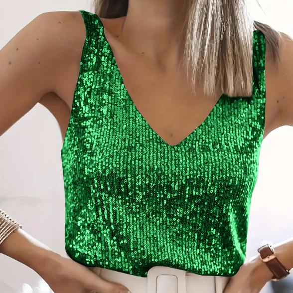 Women‘s Summer Deep V-Neck Sequined Tank Top Stylish Sleeveless Top Sparkly Club Party Vest Blouses