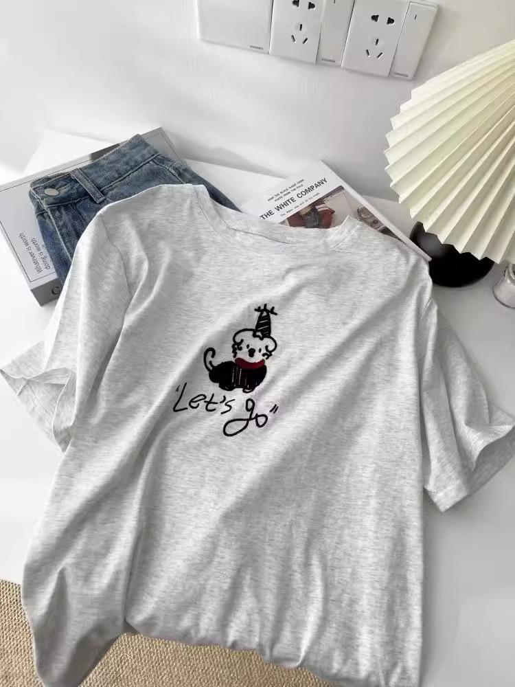 Korean Age-Reducing Red Scarf Puppy Embroidered Women's T-Shirt - Soft Cloud Cotton Brushed Short Sleeve Spring/Summer 2025