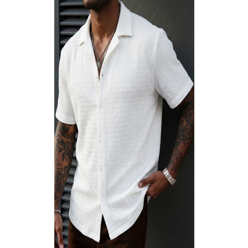 Camisa Jacquard Casual para Hombre con Cuello de Solapa de Manga Corta y Botones
